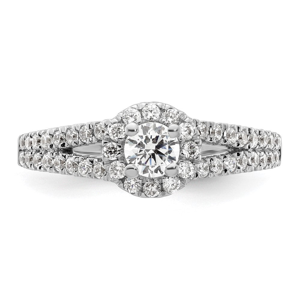 14K Weißgold Verlobungsring mit rundem simuliertem Diamanten und Halo-Fassung