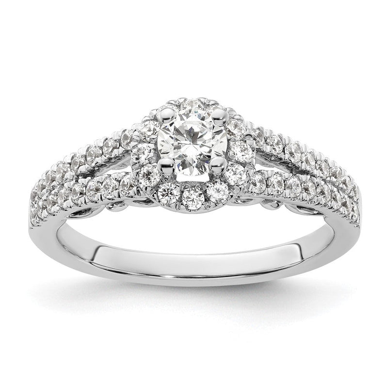 14K Weißgold Verlobungsring mit rundem simuliertem Diamanten und Halo-Fassung