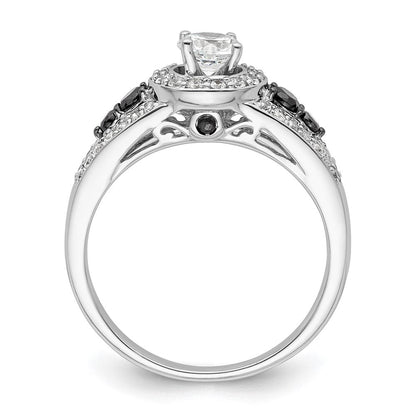 Verlobungsring aus 14K Weißgold mit rundem Diamant und Halo aus schwarzen simulierten Diamanten