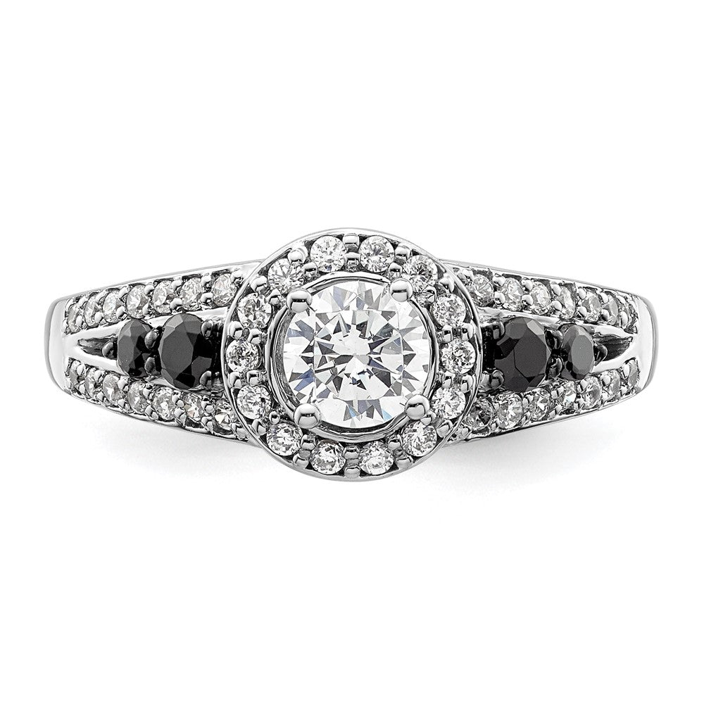 Verlobungsring aus 14K Weißgold mit rundem Diamant und Halo aus schwarzen simulierten Diamanten
