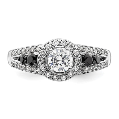 Verlobungsring aus 14K Weißgold mit rundem Diamant und Halo aus schwarzen simulierten Diamanten