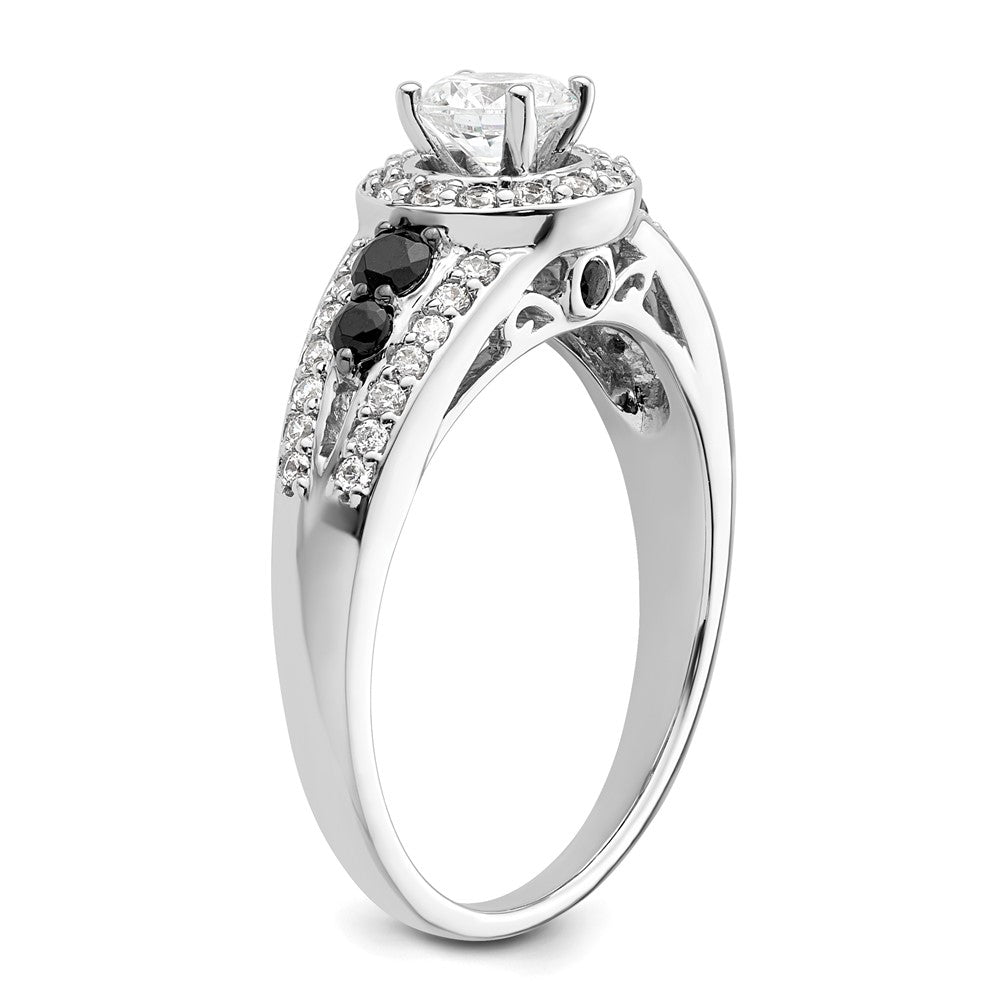 Verlobungsring aus 14K Weißgold mit rundem Diamant und Halo aus schwarzen simulierten Diamanten