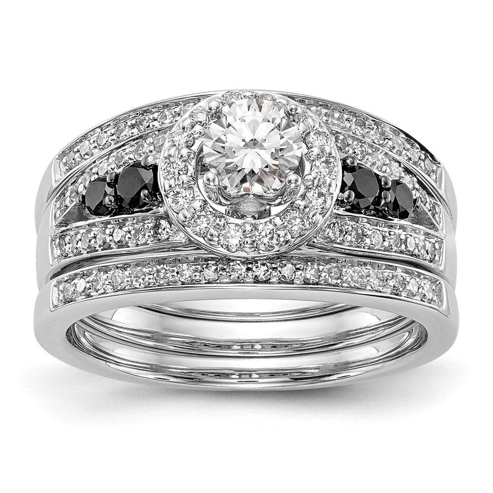 Verlobungsring aus 14K Weißgold mit rundem Diamant und Halo aus schwarzen simulierten Diamanten