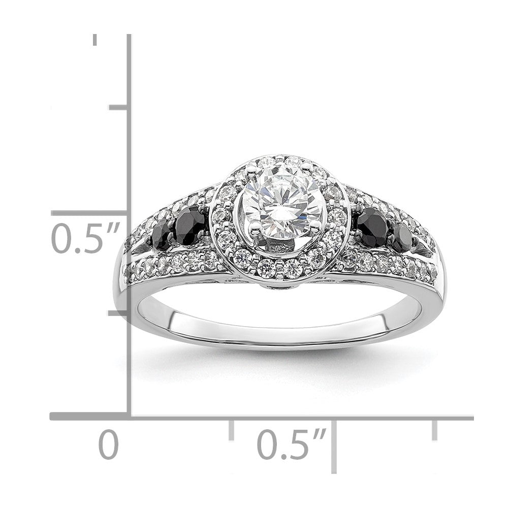 Verlobungsring aus 14K Weißgold mit rundem Diamant und Halo aus schwarzen simulierten Diamanten