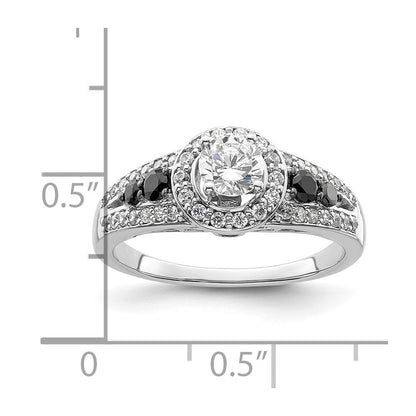 Verlobungsring aus 14K Weißgold mit rundem Diamant und Halo aus schwarzen simulierten Diamanten