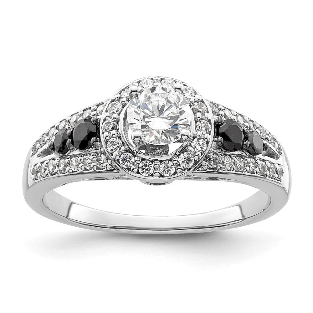 Verlobungsring aus 14K Weißgold mit rundem Diamant und Halo aus schwarzen simulierten Diamanten