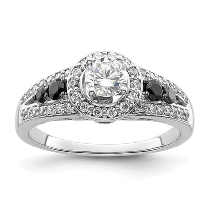 Verlobungsring aus 14K Weißgold mit rundem Diamant und Halo aus schwarzen simulierten Diamanten