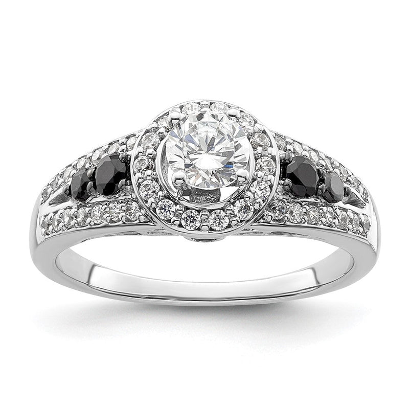 Verlobungsring aus 14K Weißgold mit rundem Diamant und Halo aus schwarzen simulierten Diamanten