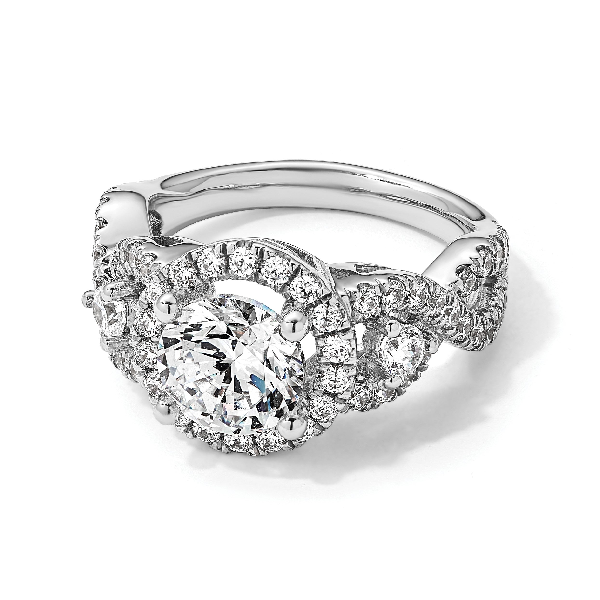 14K Weißgold Verlobungsring mit rundem simuliertem Diamanten und Halo-Fassung