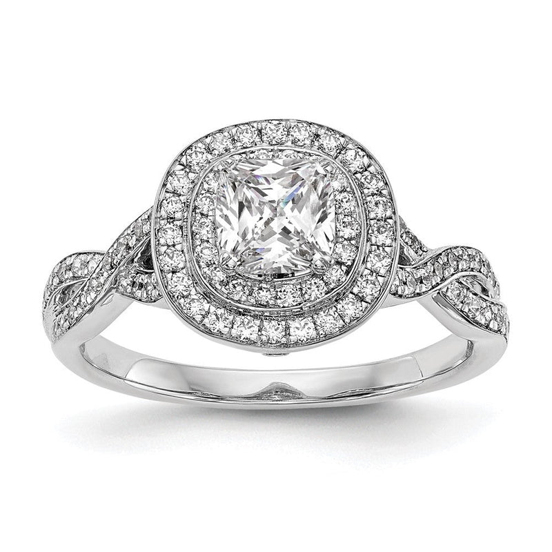 14K Weißgold Verlobungsring mit Halo und Kissenschliff-Diamantsimulant