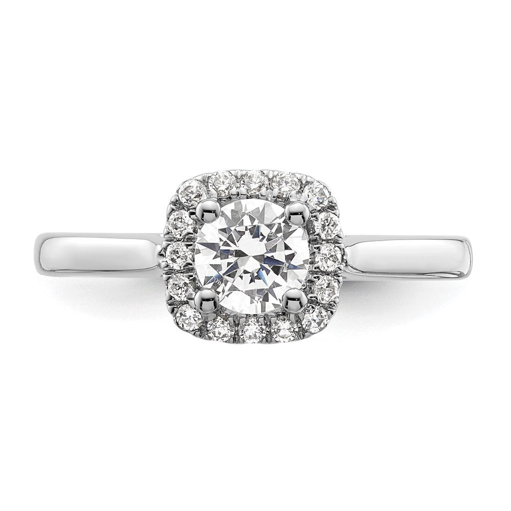 14K Weißgold Verlobungsring mit Princess-Schliff Diamantsimulant und Kissenschliff-Halo