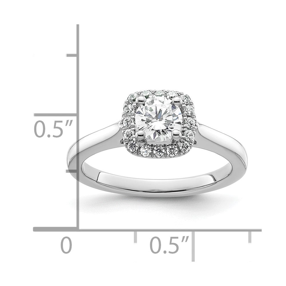 14K Weißgold Verlobungsring mit Princess-Schliff Diamantsimulant und Kissenschliff-Halo