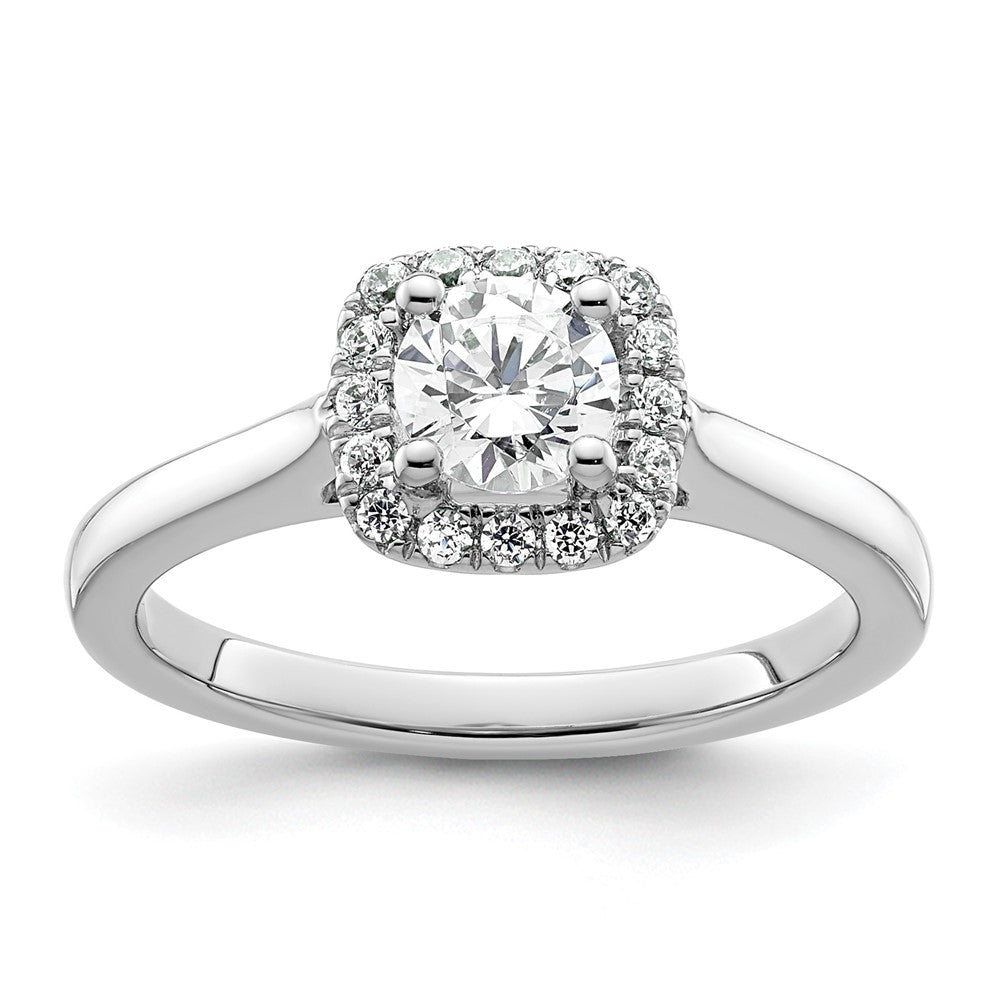 14K Weißgold Verlobungsring mit Princess-Schliff Diamantsimulant und Kissenschliff-Halo