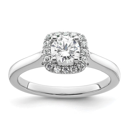 14K Weißgold Verlobungsring mit Princess-Schliff Diamantsimulant und Kissenschliff-Halo