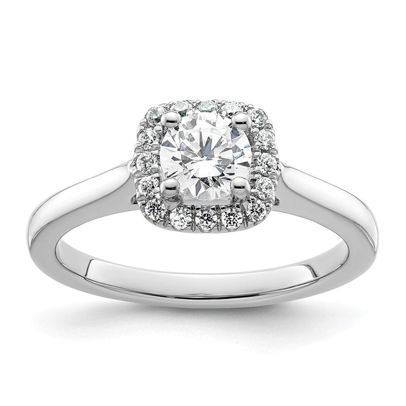 14K Weißgold Verlobungsring mit Princess-Schliff Diamantsimulant und Kissenschliff-Halo