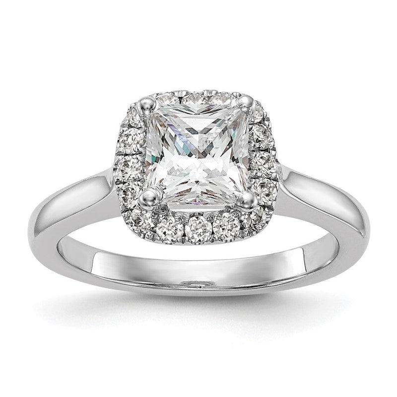 14-Karat-Weißgold-Verlobungsring mit Princess-Diamant-Simulanten und Kissen-Halo
