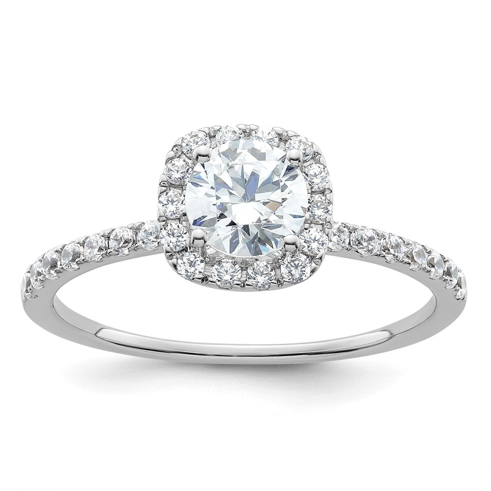 14K Weißgold Verlobungsring mit rundem simuliertem Diamanten in Kissen-Halo-Fassung