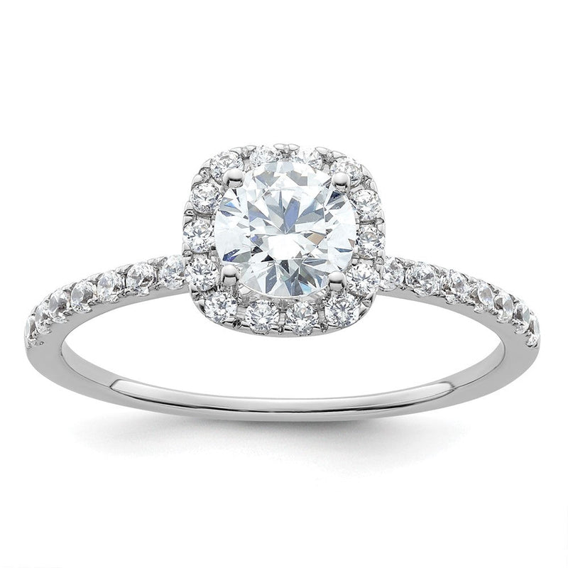 14K Weißgold Verlobungsring mit rundem simuliertem Diamanten in Kissen-Halo-Fassung