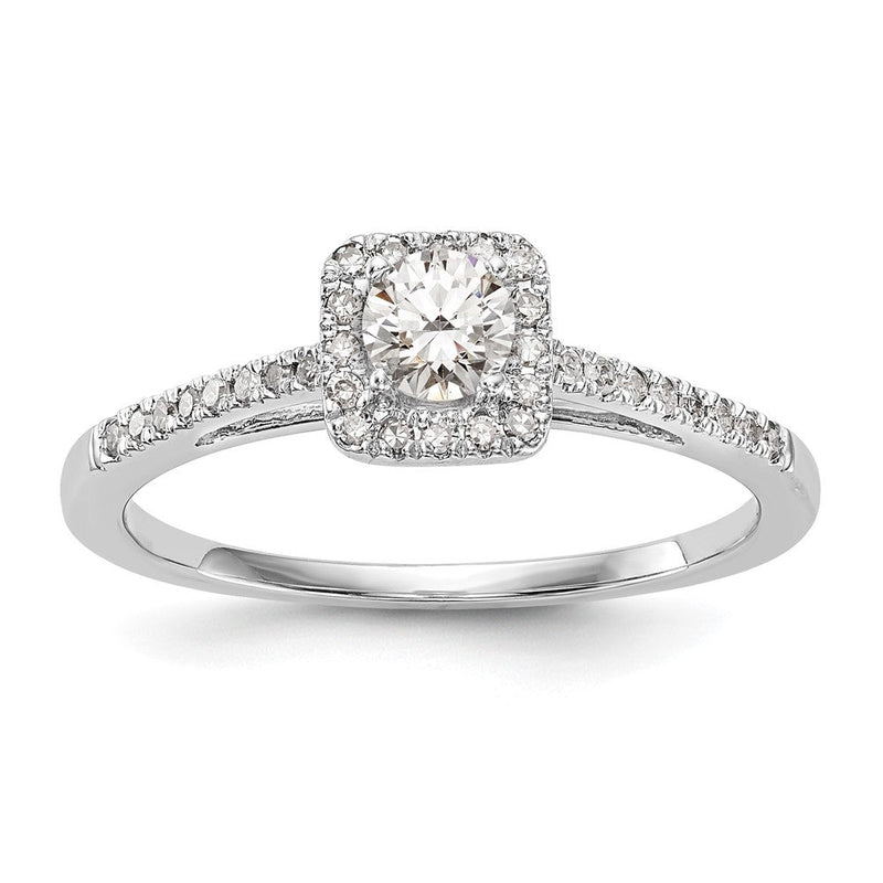 14K Weißgold Verlobungsring mit rundem simuliertem Diamanten und Kissen-Halo