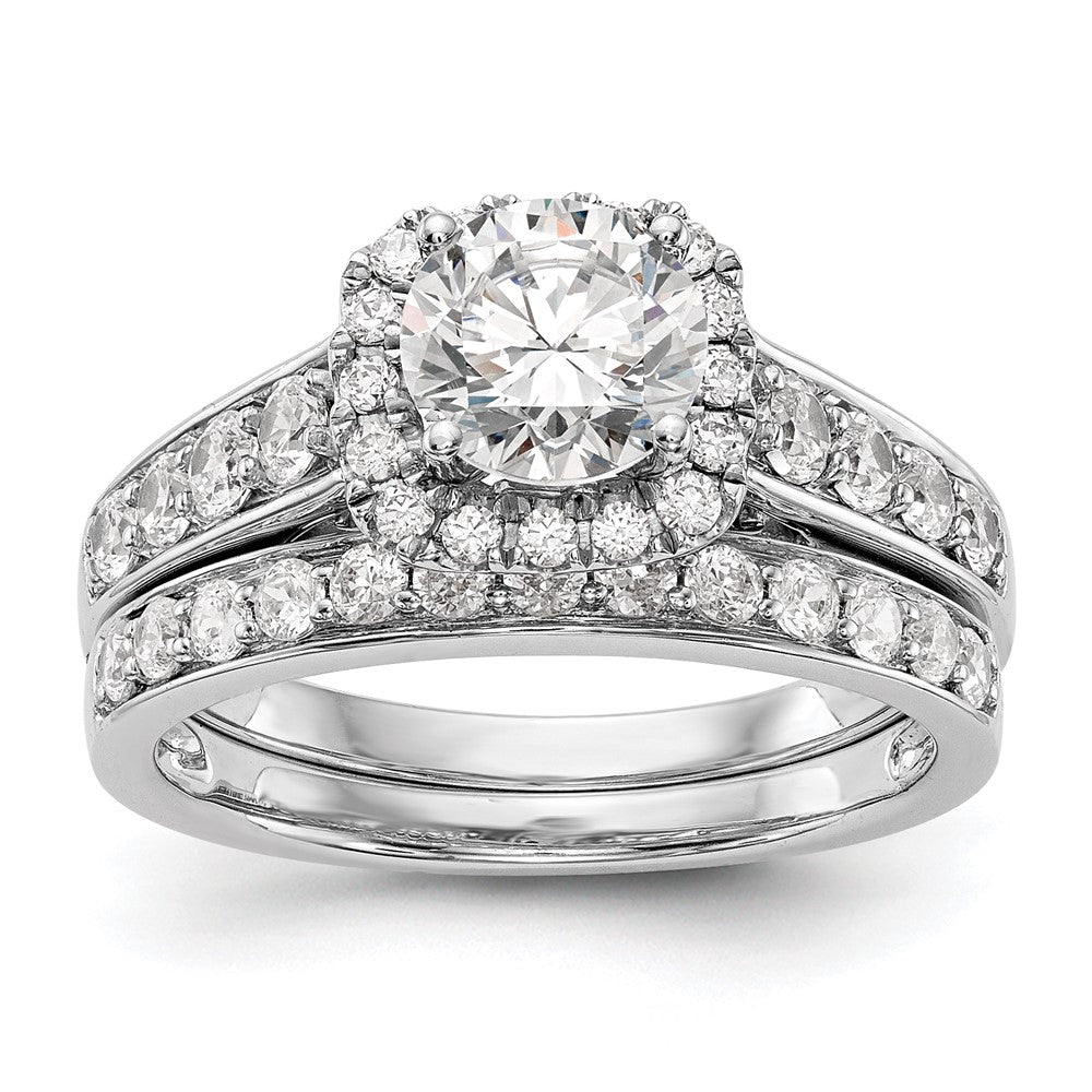 Verlobungsring aus 14K Weißgold mit Krappenfassung, simuliertem Diamanten im Kissenschliff und Halo-Fassung