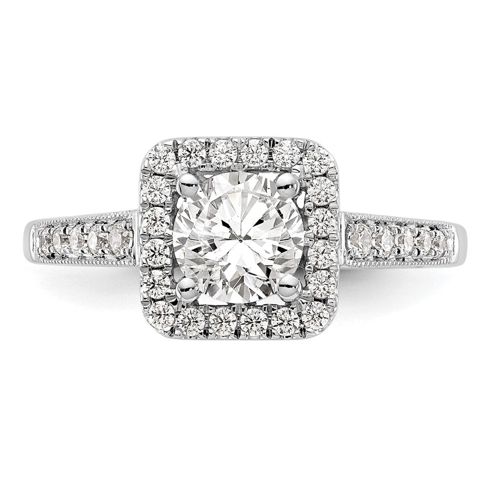 14K Weißgold Verlobungsring mit rundem simulierten Diamanten und Kissenschliff-Halo