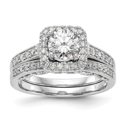 14K Weißgold Verlobungsring mit rundem simulierten Diamanten und Kissenschliff-Halo