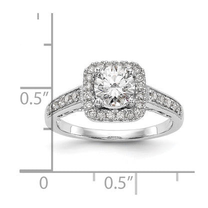 14K Weißgold Verlobungsring mit rundem simulierten Diamanten und Kissenschliff-Halo