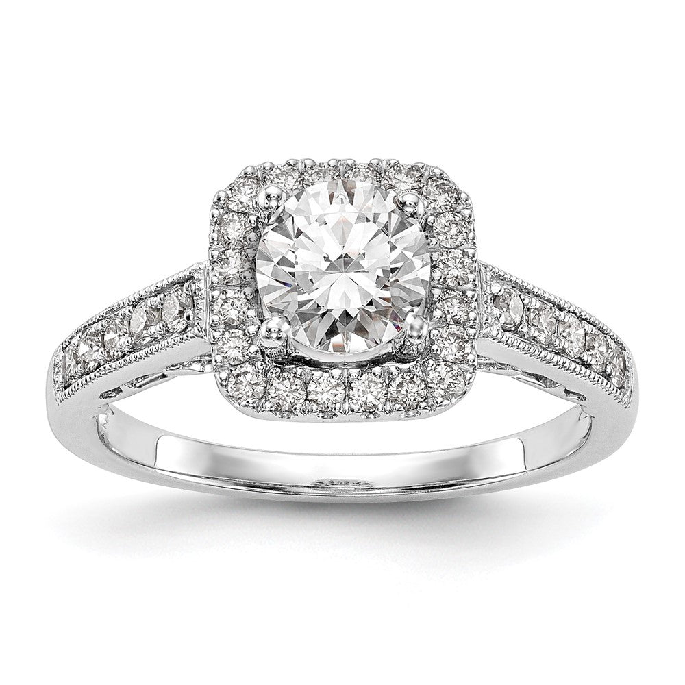 14K Weißgold Verlobungsring mit rundem simulierten Diamanten und Kissenschliff-Halo