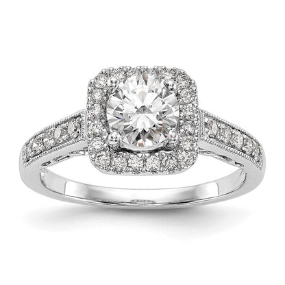 14K Weißgold Verlobungsring mit rundem simulierten Diamanten und Kissenschliff-Halo