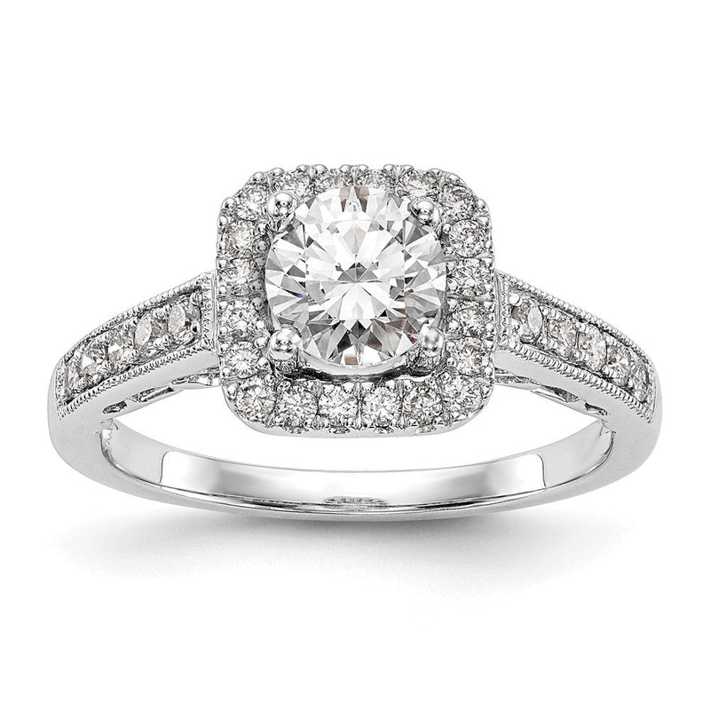 14K Weißgold Verlobungsring mit rundem simulierten Diamant und Kissenschliff-Halo