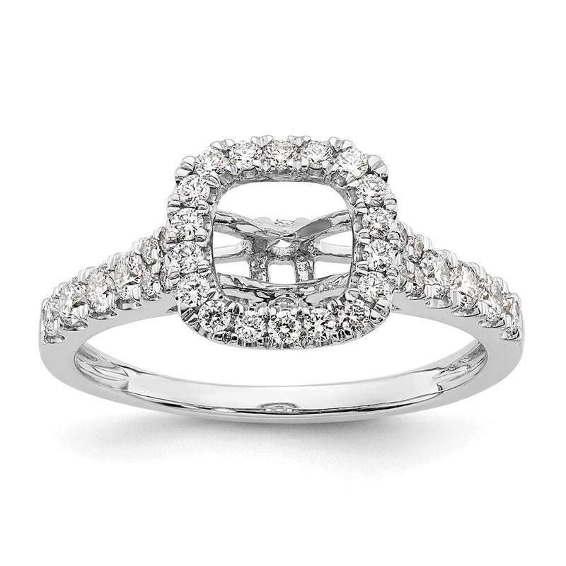 14 Karat Weißgold Verlobungsring mit Halo, Steckfassung und Diamantimitation im Kissenschliff