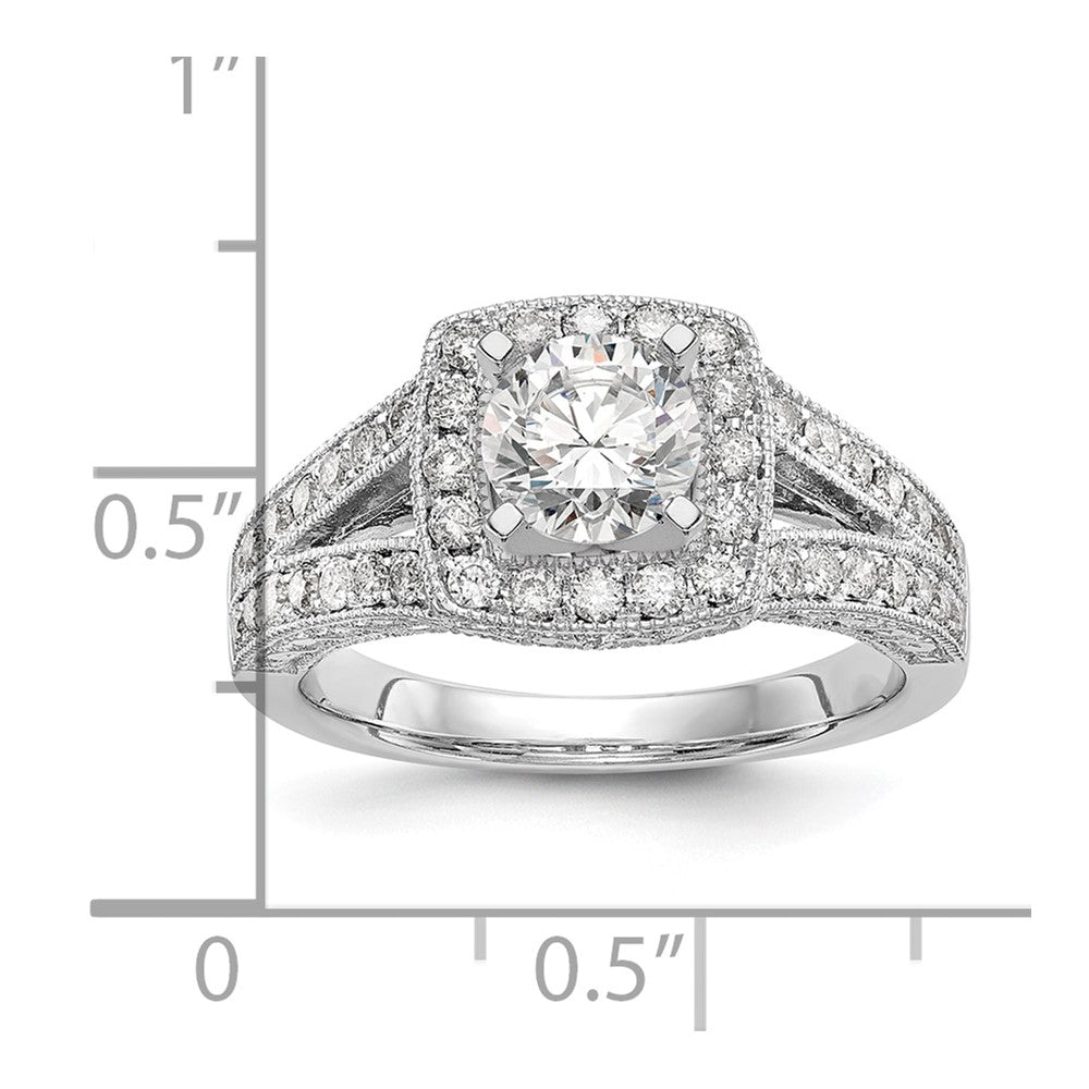 14K Weißgold Verlobungsring mit Kissenschliff-Halo und Peg-Fassung aus simulierten Diamanten