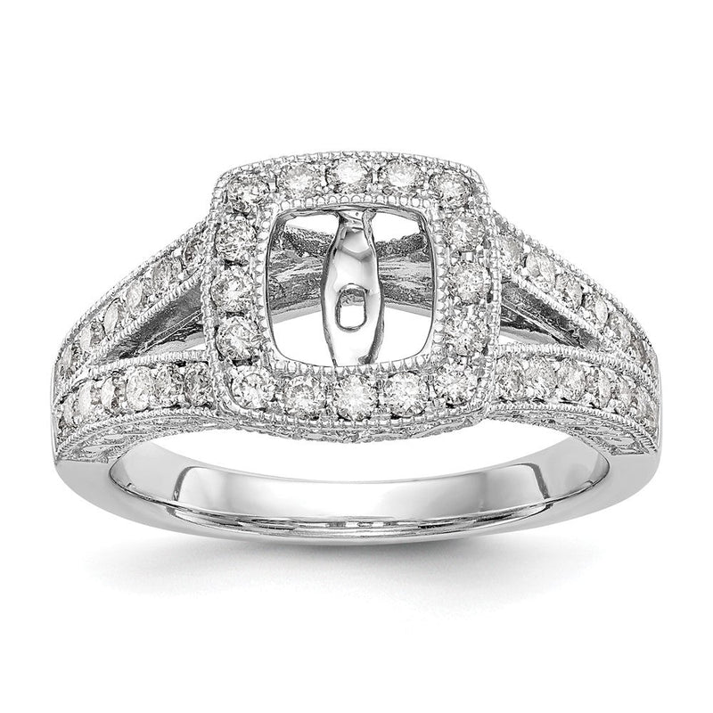 Verlobungsring mit Kissenschliff-Halo und Peg-Fassung aus 14K Weißgold mit simulierten Diamanten