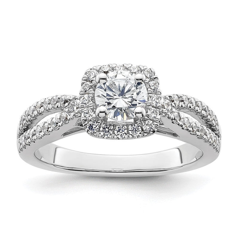 14K Weißgold Verlobungsring mit rundem simuliertem Diamant und Kissen-Halo