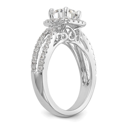 14K Weißgold Verlobungsring mit rundem simuliertem Diamanten und Kissen-Halo