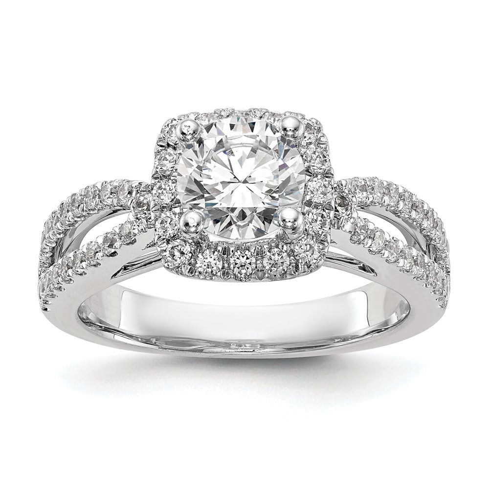 14K Weißgold Verlobungsring mit rundem simuliertem Diamanten und Kissen-Halo