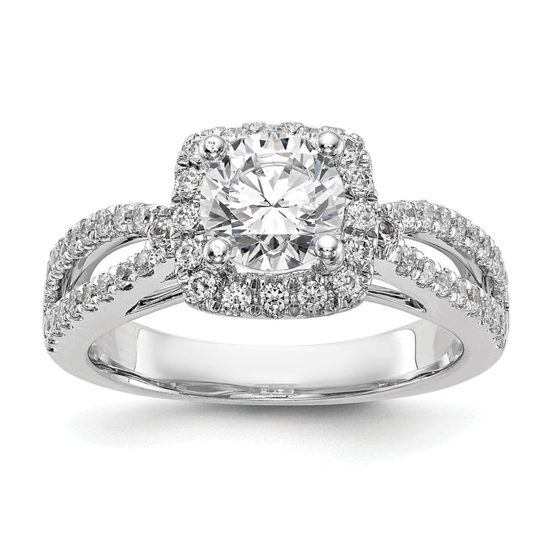 14K Weißgold Verlobungsring mit rundem simuliertem Diamanten und Kissen-Halo