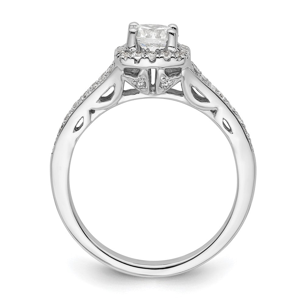 14 Karat Weißgold Verlobungsring mit rundem simuliertem Diamant und Kissen-Halo