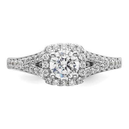 14 Karat Weißgold Verlobungsring mit rundem simuliertem Diamant und Kissen-Halo