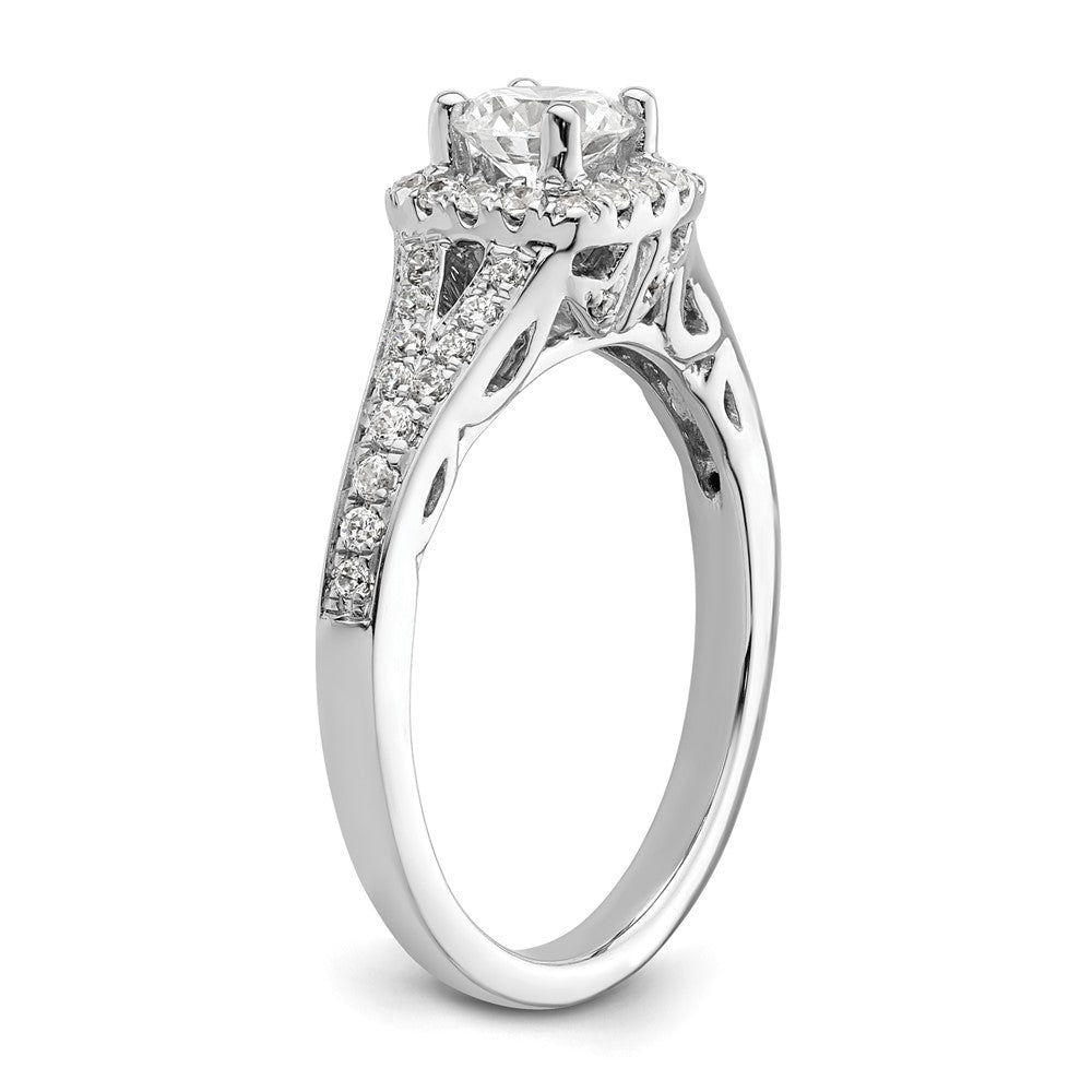 14 Karat Weißgold Verlobungsring mit rundem simuliertem Diamant und Kissen-Halo