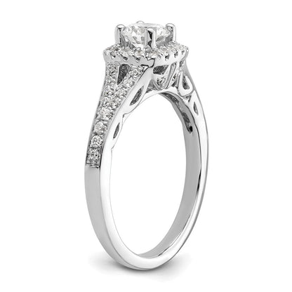 14 Karat Weißgold Verlobungsring mit rundem simuliertem Diamant und Kissen-Halo