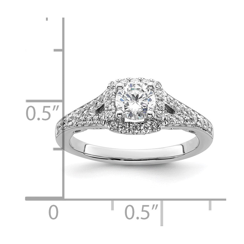 14 Karat Weißgold Verlobungsring mit rundem simuliertem Diamant und Kissen-Halo