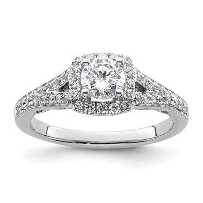 14 Karat Weißgold Verlobungsring mit rundem simuliertem Diamant und Kissen-Halo