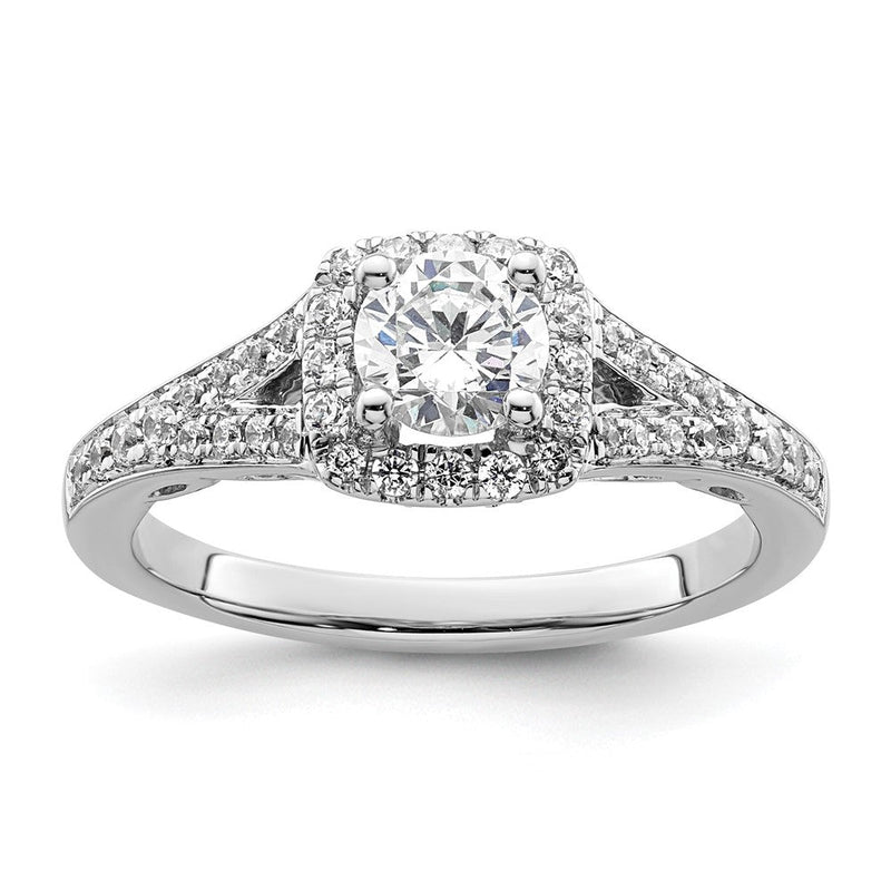14 Karat Weißgold Verlobungsring mit rundem simuliertem Diamanten und Kissen-Halo