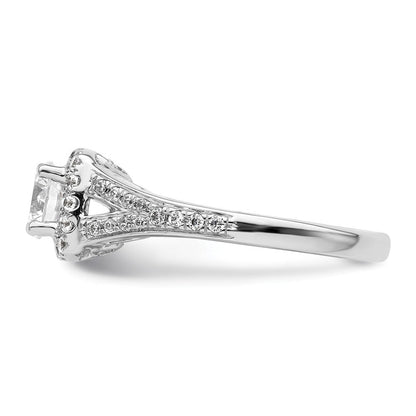 14K Weißgold Verlobungsring mit rundem simuliertem Diamanten und Kissen-Halo