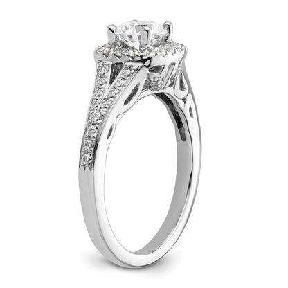 14K Weißgold Verlobungsring mit rundem simuliertem Diamanten und Kissen-Halo