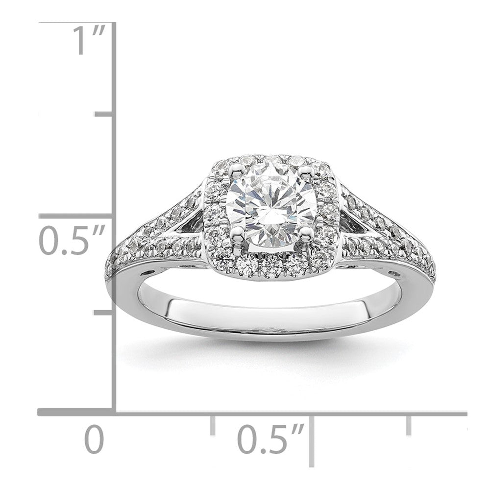 14K Weißgold Verlobungsring mit rundem simuliertem Diamanten und Kissen-Halo