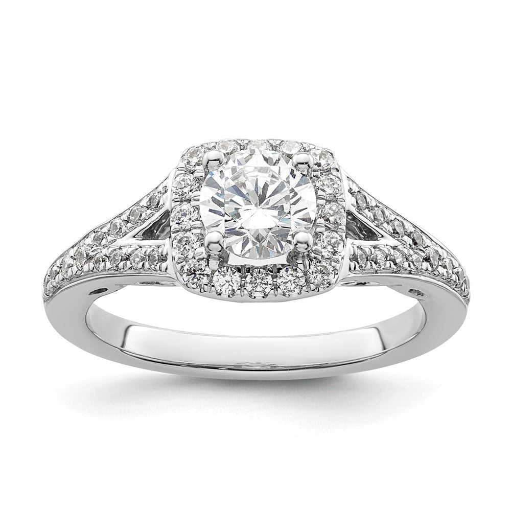14K Weißgold Verlobungsring mit rundem simuliertem Diamanten und Kissen-Halo