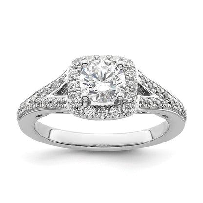 14K Weißgold Verlobungsring mit rundem simuliertem Diamanten und Kissen-Halo