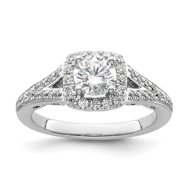 14K Weißgold Verlobungsring mit rundem simuliertem Diamanten und Kissen-Halo